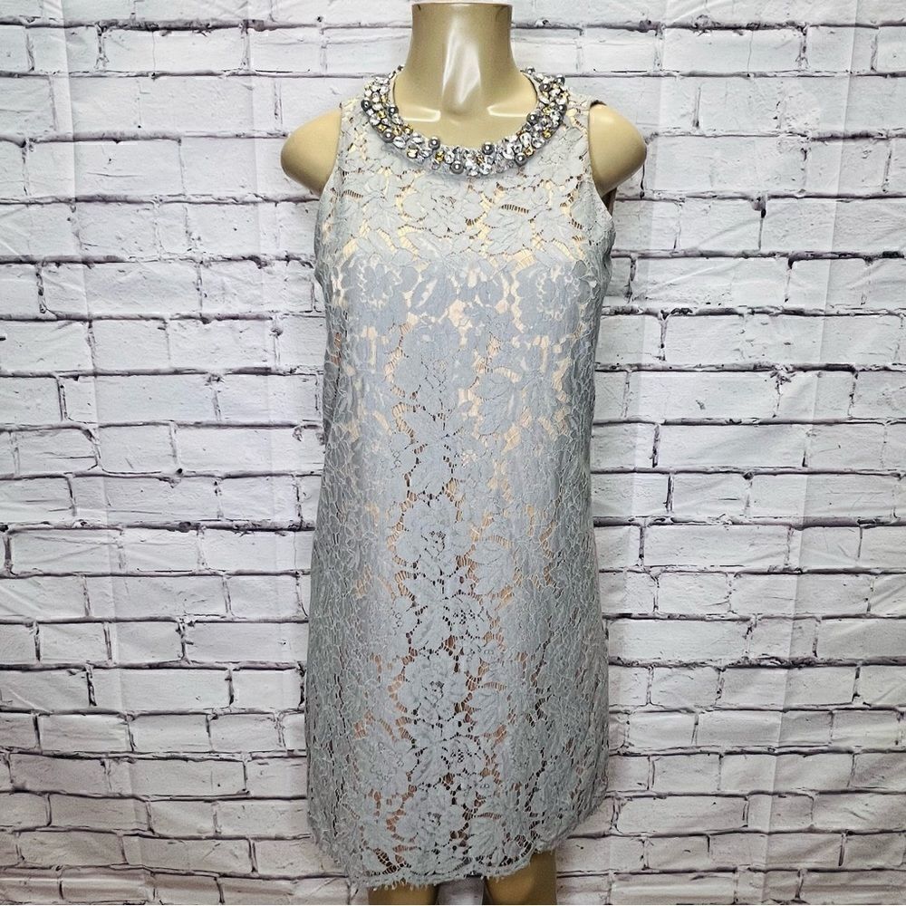 Eliza J Light Grey Lace Rhinestone Neckline Dress